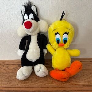 WARNER BROS Sylvester and Tweety Plush Figures 1990 VTG Made in Korea Hang Loops